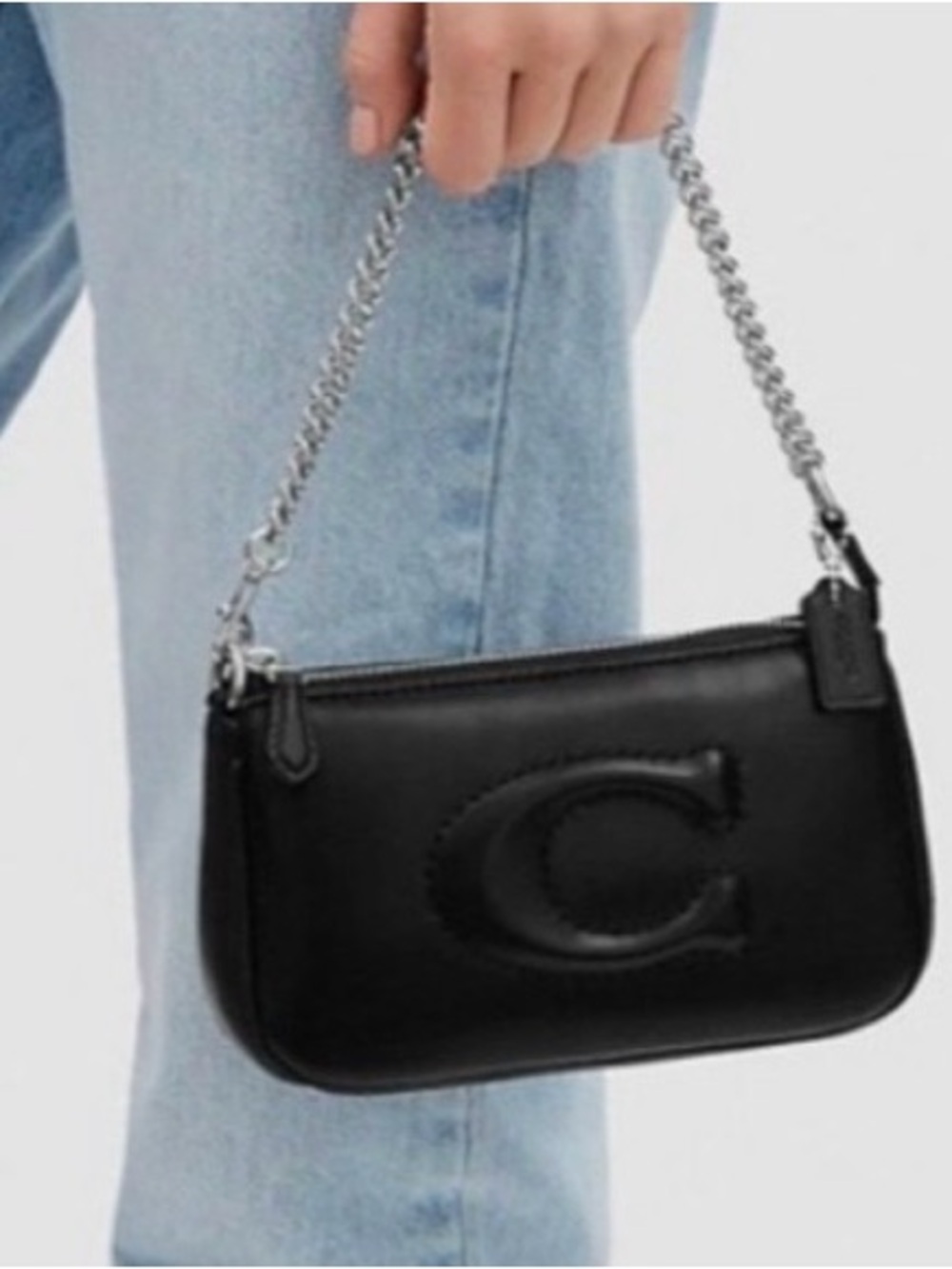 Coach Black Leather Mini Shoulder Bag with Silver Chain